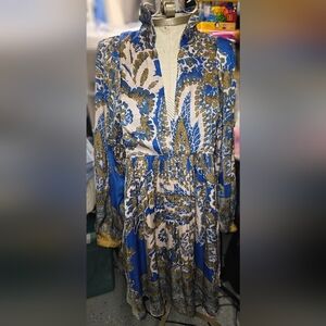 Free People Blue and Gold Patterned Mini Dress XS